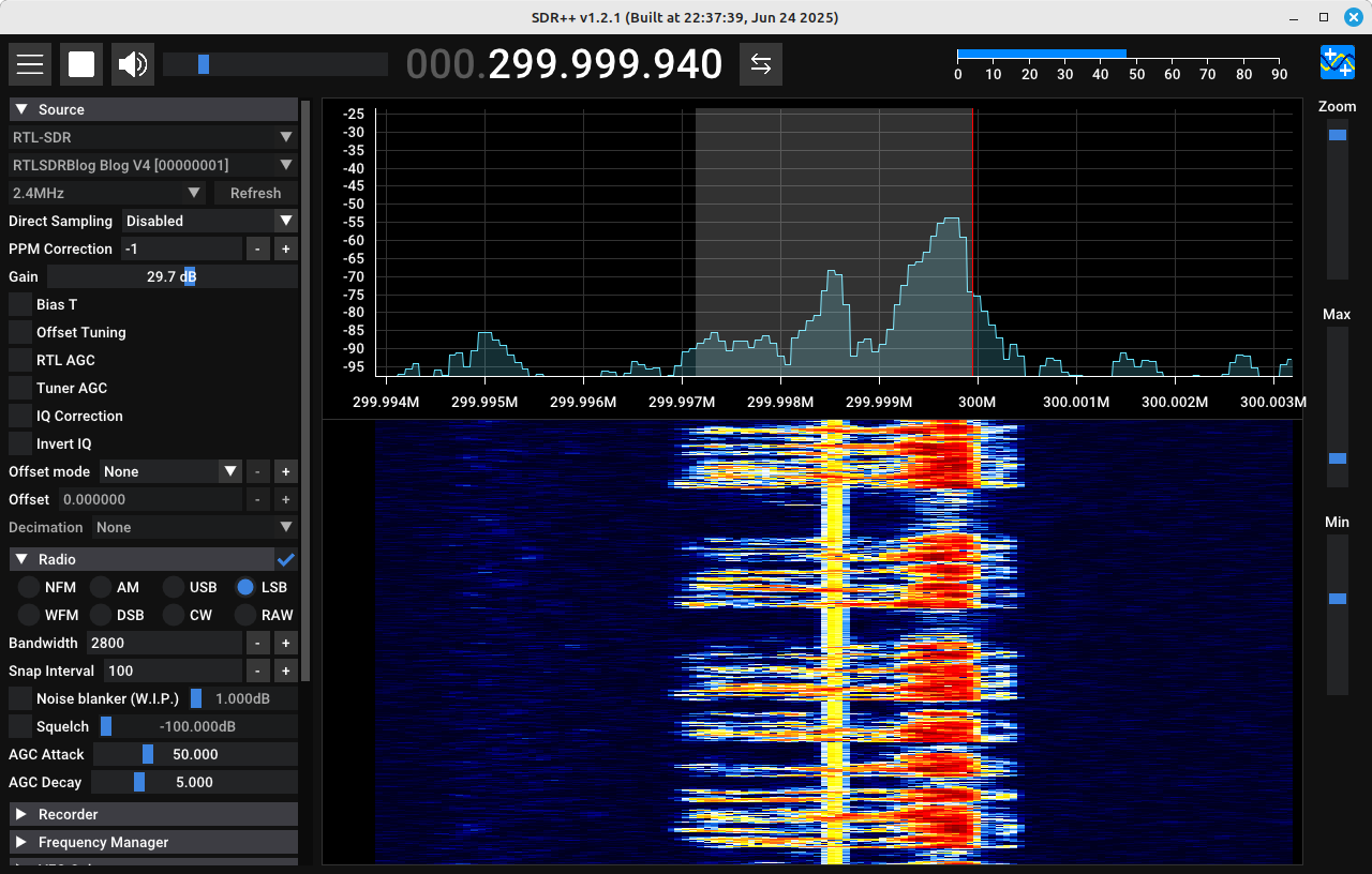 Screenshot of the SDR control program SDR++. Along the left is a column of various controls. Along the top is a start button and a set of numbers to set the center frequency. The majority of the screen is covered with a spectral trace along the top, and a spectrogram along the lower half. A lower sideband signal is displayed in both the spectral trace and the spectrogram.